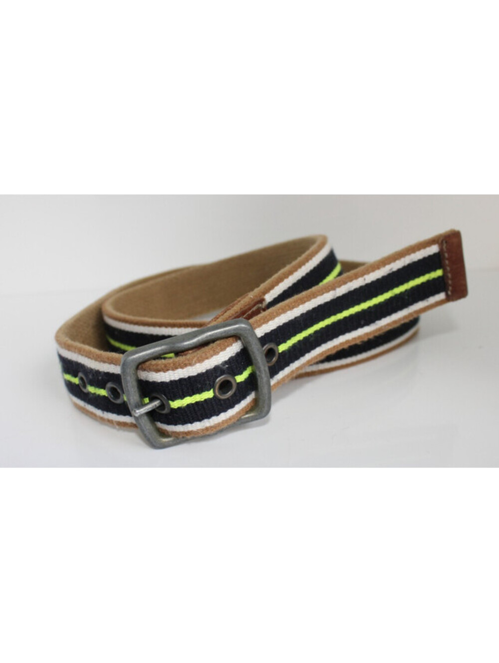 Y2K American Eagle Men Reversible Canvas Belt 40 Tan Navy Neon Green Stripe Web